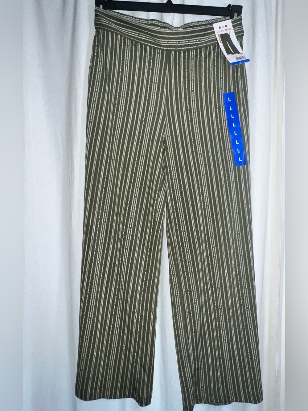 Three Dots Olive Green Striped Wide-Leg Trousers